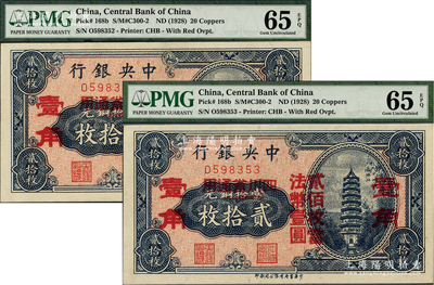 中央銀行銅元改輔幣券貳拾枚改壹角（2個紅字壹角版）共2枚連號，四川省通用，全新