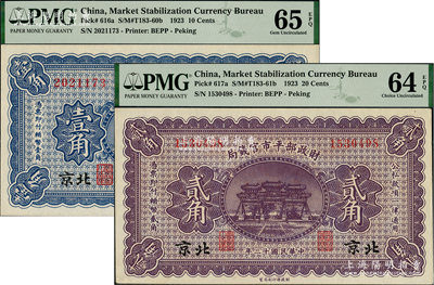 民國十二年（1923年）財政部平市官錢局壹角、貳角共2枚不同，北京地名，美國藏家出品，九八至全新