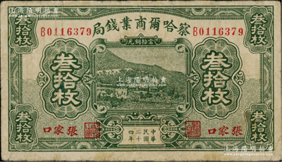 民國二十四年（1935年）察哈爾商業(yè)錢局當(dāng)拾銅元叁拾枚，張家口地名，有小修補(bǔ)，七成新