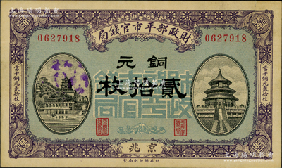民國八年一月版（1919年）財政部平市官錢局銅元貳拾枚，京兆地名；資深藏家出品，近九成新
