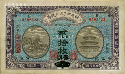 民國十年（1921年）財政部平市官錢局當拾銅元貳拾枚，直隸·保定改京兆地名；資深藏家出品，少見，八至八五成新