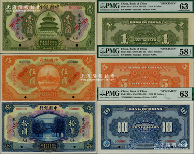 民國十四年（1925年）中國銀行美鈔版奉天一二大洋匯兌券壹圓、伍圓、拾圓樣本券共3枚全套，奉天地名；資深藏家出品，少見，九五至全新