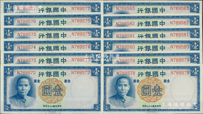 民國二十六年（1937年）中國銀行德納羅版壹圓共12枚連號，單字軌，資深藏家出品，全新一流品相