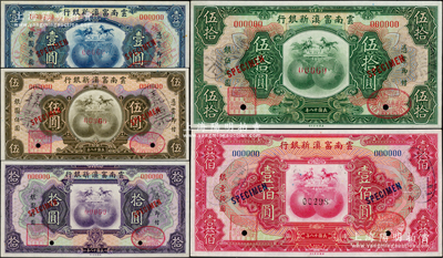 民國十八年（1929年）云南富滇新銀行壹圓、伍圓、拾圓、伍拾圓、壹佰圓樣票共5種大全套，正背共10枚，票上均有職章和“其命維新”之花押，均國內銀行之查備樣本；柏文先生藏品，成套者存世罕見，九五成新
