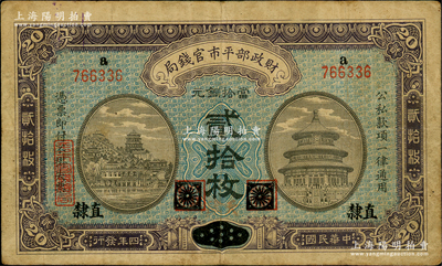 民國四年（1915年）財政部平市官錢局當拾銅元貳拾枚，上a字軌，黑龍江改直隸地名，且手蓋紅色“天津”地名，背蓋“天津平市官錢局經理章”，屬罕見品種；林惠忠先生藏品，少見，原票七成新