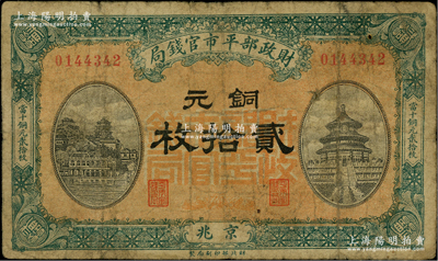 民國八年一月版（1919年）財政部平市官錢局銅元貳拾枚，京兆地名，桔底綠色版，背蓋“京兆平市官錢局經理章”；林惠忠先生藏品，罕見，原票七成新