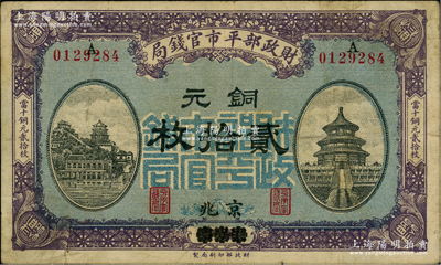 民國八年一月版（1919年）財政部平市官錢局銅元貳拾枚，煙臺改京兆地名，藍底紫色版；林惠忠先生藏品，八成新