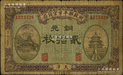 民國八年一月版（1919年）財政部平市官錢局銅元貳拾枚，天津地名，藍底紫色版，背蓋“天津平市官錢局經理章”；林惠忠先生藏品，少見，原票七成新