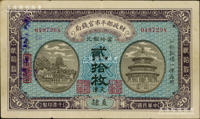 民國十年（1921年）財政部平市官錢局當拾銅元貳拾枚，直隸地名，又加印“天津”地名，背面印有英文面額；林惠忠先生藏品，罕見，八成新