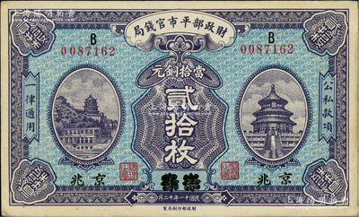 民國十一年十二月（1922年）財政部平市官錢局當拾銅元貳拾枚，江蘇改京兆地名，B字軌；林惠忠先生藏品，中未折九成新