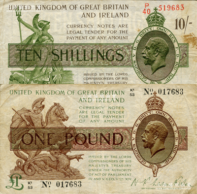 英國紙幣（1919年版）10先令、1英鎊共2種不同，原票七至八成新