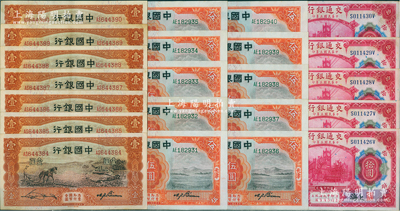 國鈔22枚，詳分：中國銀行1931年天津伍圓10枚連號，1935年天津馬耕地圖壹圓7枚連號；交通銀行1914年紅色上海拾圓5枚連號；九至九八成新，敬請預覽