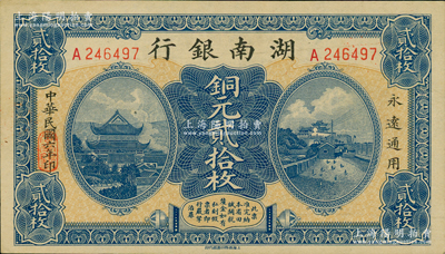 民國六年（1917年）湖南銀行銅元貳拾枚，柏文先生藏品，上佳品相，九八成新