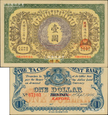 光緒三十二年（1906年）大清戶部銀行兌換券壹圓，天津改開封地名，柏文先生藏品，九八成新