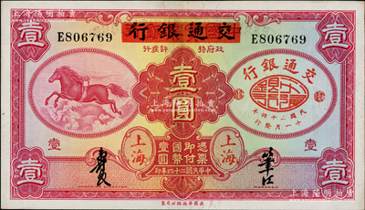 民國(guó)二十四年（1935年）中國(guó)實(shí)業(yè)銀行改交通銀行紅飛馬壹圓，資深藏家出品，九五成新