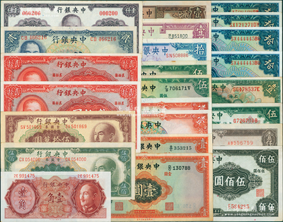 中央銀行紙幣共24枚，內含個別小趣味號碼券，詳分：1928年壹圓、拾圓2種簽名4枚；1930年伍圓；華德路版1936年壹圓2種號碼體型、伍圓；德納羅版1936年壹圓2種簽名、伍圓，1941年孔林貳圓，1942年拾圓、壹仟圓，1944年壹百圓；保安版1941年貳拾圓紅號、藍號2種，1945年紫色壹仟圓；英美版1944年伍佰圓；上海廠1945年壹仟圓；金圓券1946年德納羅版壹角，