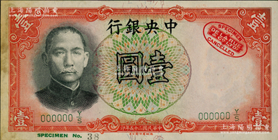 民國二十五年（1936年）中央銀行德納羅版壹圓樣本券，背無簽名，票上有德納羅印鈔公司紅色標志；資深藏家出品，未折九成新