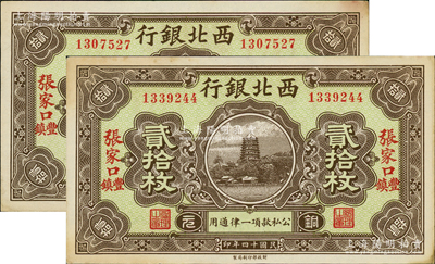 民國十四年（1925年）西北銀行銅元貳拾枚共2枚，張家口·豐鎮地名；資深藏家出品，未折九至九五成新