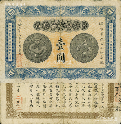 光緒三十三年（1907年）安徽裕皖官錢局壹圓，柏文先生藏品，原票七五成新