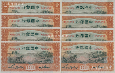 民國二十四年（1935年）中國銀行馬耕地圖壹圓共8枚連號(hào)，天津地名，單字軌，宋漢章·卞壽孫簽名，原票九五成新