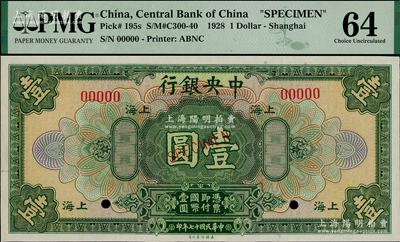 民國十七年（1928年）中央銀行美鈔版壹圓樣本券，上海地名，九八成新