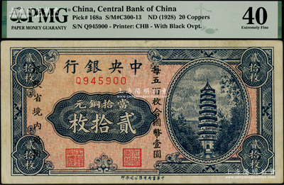中央銀行當拾銅元貳拾枚，限陜省境內通用，單字軌，海外藏家出品，八五成新