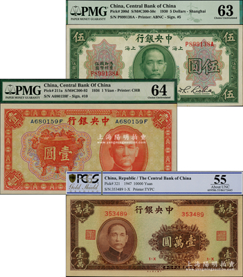 中央銀行紙幣3種，詳分：1930年上海伍圓，雙面號，黃秀峰·李覺簽名；1936年中華版寶鼎壹圓，前后字軌；1947年大業(yè)版棕色壹萬圓；海外藏家出品，九八至全新，敬請預覽