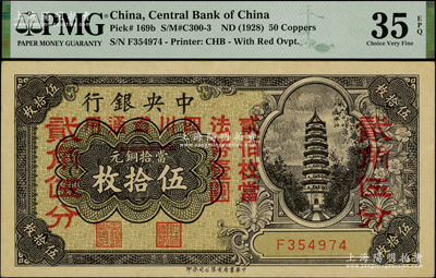 中央銀行銅元改輔幣券伍拾枚改貳角伍分，四川省通用，單字軌，九成新
