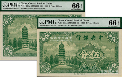 民國二十八年（1939年）中央銀行美商永寧版伍分共2枚連號，小廠名前后字軌；海外藏家出品，且均為PMG UNC 66 EPQ