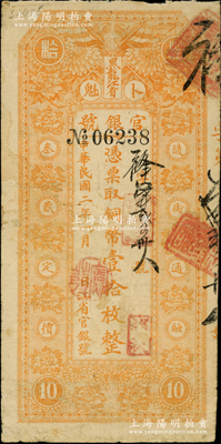 民國二年（1913年）黑龍江省官銀號銅幣壹拾枚，背面所印之告白文字甚為明晰；海外藏家出品，七五成新