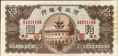 民國廿三年（1934年）河北省銀行拾圓，天津地名，近九成新