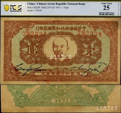 1933年中華蘇維埃共和國(guó)國(guó)家銀行列寧像壹圓，八成新