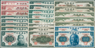 1945年中央銀行第一版金圓券共23種不同，詳分：壹圓單字軌、雙字軌，伍圓單字軌、雙字軌2種簽名，拾圓無(wú)字軌、單字軌2種簽名、雙字軌2種簽名，貳拾圓無(wú)字軌、單字軌、雙字軌，孫像伍拾圓無(wú)字軌、單字軌、雙字軌，蔣像伍拾圓無(wú)字軌、單字軌2種簽名、雙字軌，壹百圓無(wú)字軌、單字軌、雙字軌，部分號(hào)碼頗佳；源于前輩名家之遺藏，除4枚八成新外，其余約九成至全新，敬請(qǐng)預(yù)覽