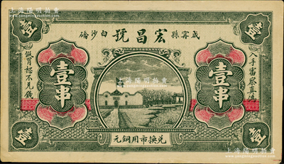 戊辰年（1928年）宏昌號兌換市用銅元壹串，湖北咸寧縣白沙硚民間鈔票，上印黨旗房屋圖，背印古城圖；日本回流之罕見品，亦屬首度公諸于陽明，八五成新