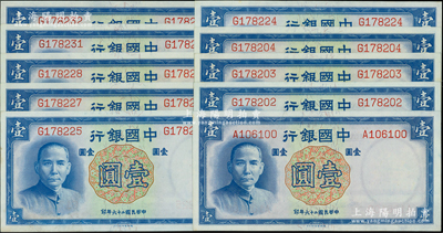 民國二十六年（1937年）中國銀行德納羅版壹圓共10枚，均為單字軌，部分連號，原票九五至九八成新