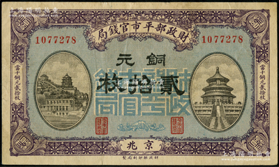 民國八年一月版（1919年）財政部平市官錢局銅元貳拾枚，京兆地名，藍底紫色版；日本回流品，八五成新