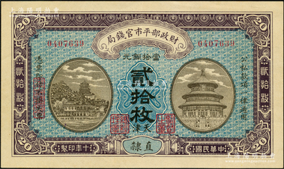 民國十年（1921年）財政部平市官錢局當拾銅元貳拾枚，直隸地名，又加印“天津”地名，背面印有英文面額；罕見且品相甚佳，八五成新