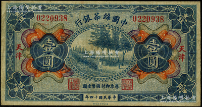 民國十四年（1925年）中國絲茶銀行壹圓，天津地名，資深藏家出品，七五成新