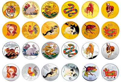 新中國1998年至2009年十二生肖（第一輪系列）圓形彩色金銀紀念幣大全套，分別為彩金幣12枚全（含純金1/10盎司，直徑18mm，成色99.9%）和彩銀幣12枚全（含純銀1盎司，直徑40mm，成色99.9%），為中華人民共和國法定貨幣，由中國人民銀行發行，瑞士FAUDE & HUCUENIN SA造幣廠鑄造，中國金幣總公司總經銷，彩色工藝鑄造，圖案精美，附帶有精致原盒及每枚均