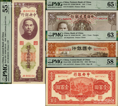 民國紙幣4種，詳分：中國銀行1935年馬耕地圖天津壹圓；中央銀行1942年信托版壹百圓，1948年關金中央廠貳仟伍佰圓；中國農民銀行1941年德納羅版壹圓；九五至九八成新，敬請預覽
