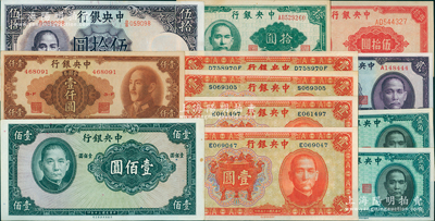 中央銀行紙幣共12枚，詳分：中華版1936年寶鼎壹圓4枚、1940年壹角2枚、1941枚貳圓豹子號，德納羅版1944年伍拾圓，保安版1941年壹佰圓（屬無職章、號碼之半成品券），中央上海廠1945年拾圓、伍拾圓；金圓券1949年中華版壹仟圓；資深藏家出品，品相甚佳，原票九五至全新