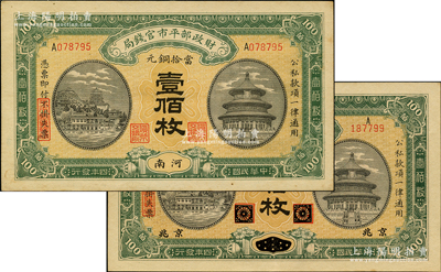 民國四年（1915年）財政部平市官錢局當拾銅元壹佰枚共2枚不同，分別為黑龍江改京兆地名和河南地名；日本回流品，原票九五成新
