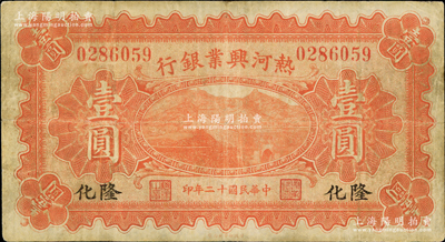 民國十二年（1923年）熱河興業銀行紅色壹圓，隆化地名；奧斯汀先生藏品，少見，近八成新