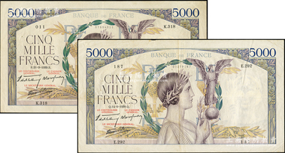 1939年法國5000法郎共2枚不同，特大型女神圖，形制美觀；海外藏家出品，八至八五成新，敬請預覽