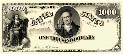 1863年美國1000美元單面卡紙印樣，雕刻版手感強烈，全新