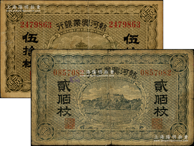 熱河興業銀行第一版貳佰枚、第二版銅元兌換券伍拾枚共2種不同，其中貳佰枚屬該行最大面額銅元票，發行于民國早期；海外回流品，原票七至八成新