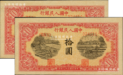 第一版人民幣“鋸木與耕地圖”拾圓共2枚連號，柱體小號碼版，九五至九八成新