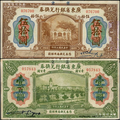 民國七年（1918年）省立廣東省銀行兌換券伍拾圓、壹百圓共2枚不同，其中：伍拾圓券左邊簽名為手簽版；壹百圓券右邊為手簽名，且簽名下印“Cashier”（出納）和“Managing Director”(總經理)之英文職務，屬少見版式；七五至八成新