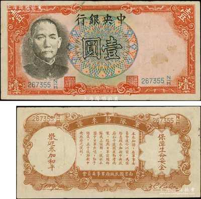 民國二十五年（1936年）中央銀行“軍隊(duì)歸來證”壹圓，其號碼為藍(lán)色“267355”號，李覺·田亦民簽名（注：此種壹圓通常所見均為李覺·黃秀峰簽名，且均為558829綠色號碼版，花紋印刷亦有明顯差異），少見，原票近八成新