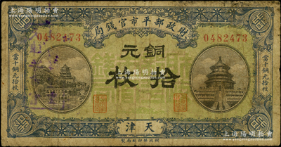 民國(guó)八年一月版（1919年）財(cái)政部平市官錢(qián)局銅元拾枚，天津地名，綠底藍(lán)色版，背蓋“天津平市官錢(qián)局經(jīng)理章”；海外藏家出品，少見(jiàn)，原票七成新
